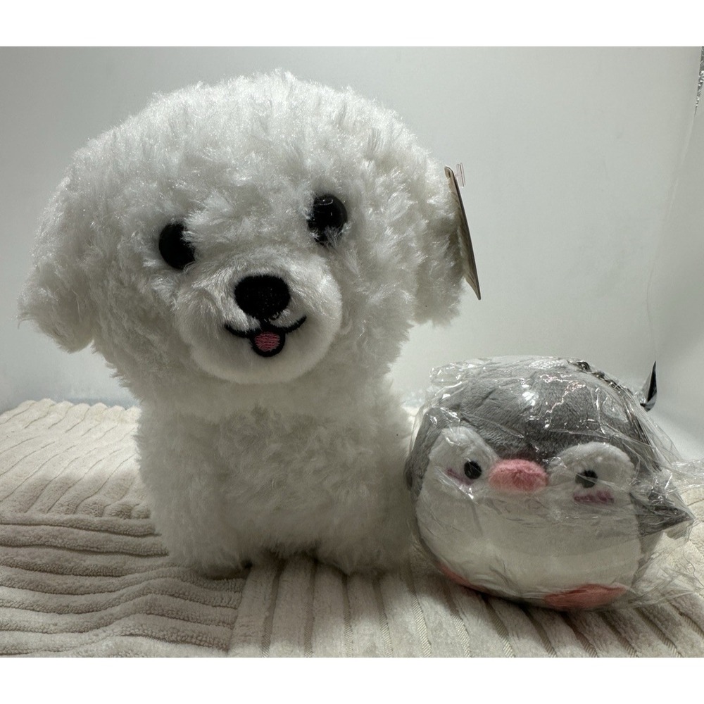 Aurora Teddy Pets Bichon Frise 6" Plush & his BFF Penguin Keychain SOFT NWT
